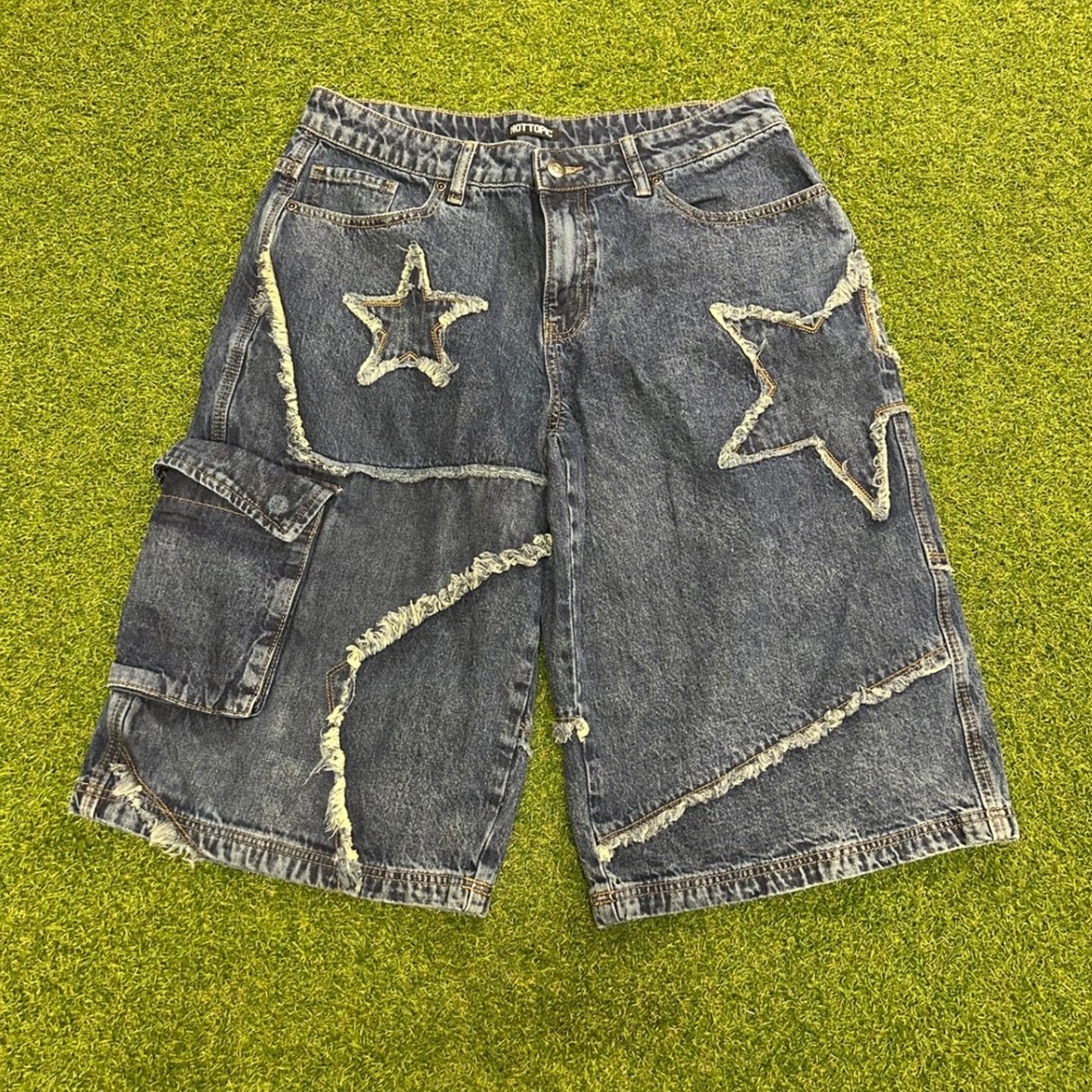 Hot Topic Blue Denim Star Patch Cargo Shorts Y2K Distressed Frayed Wide Leg
